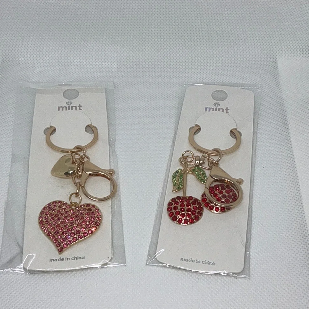 Keychains/Bag Charms with Red Cherries and Pink Heart Charms Duo.